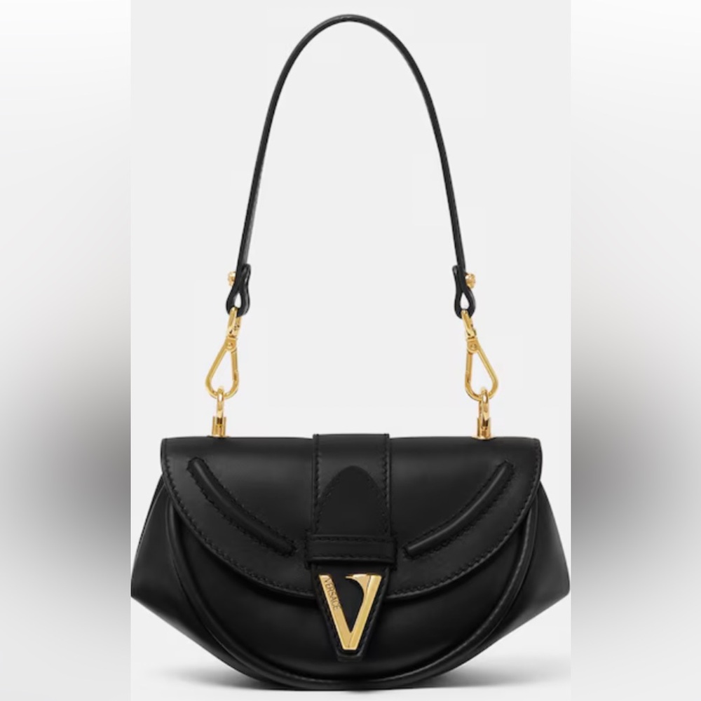 Authentic Versace Virtus Black Leather mini Shoulder Bag with Gold Accents